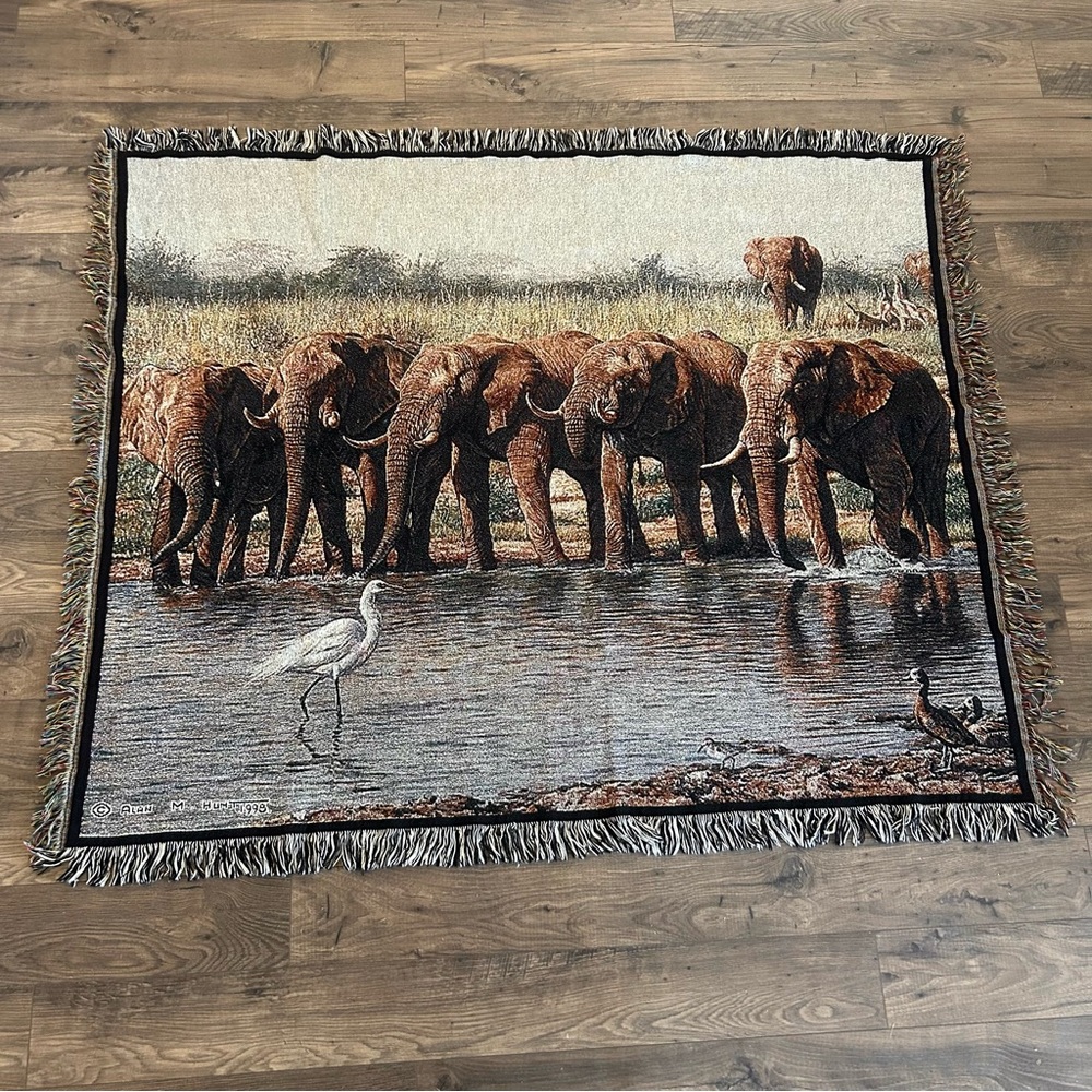 VTG 1998 Elephant Tapestry Blanket Alan M Hunt Signed EUC 57.5” X 47”